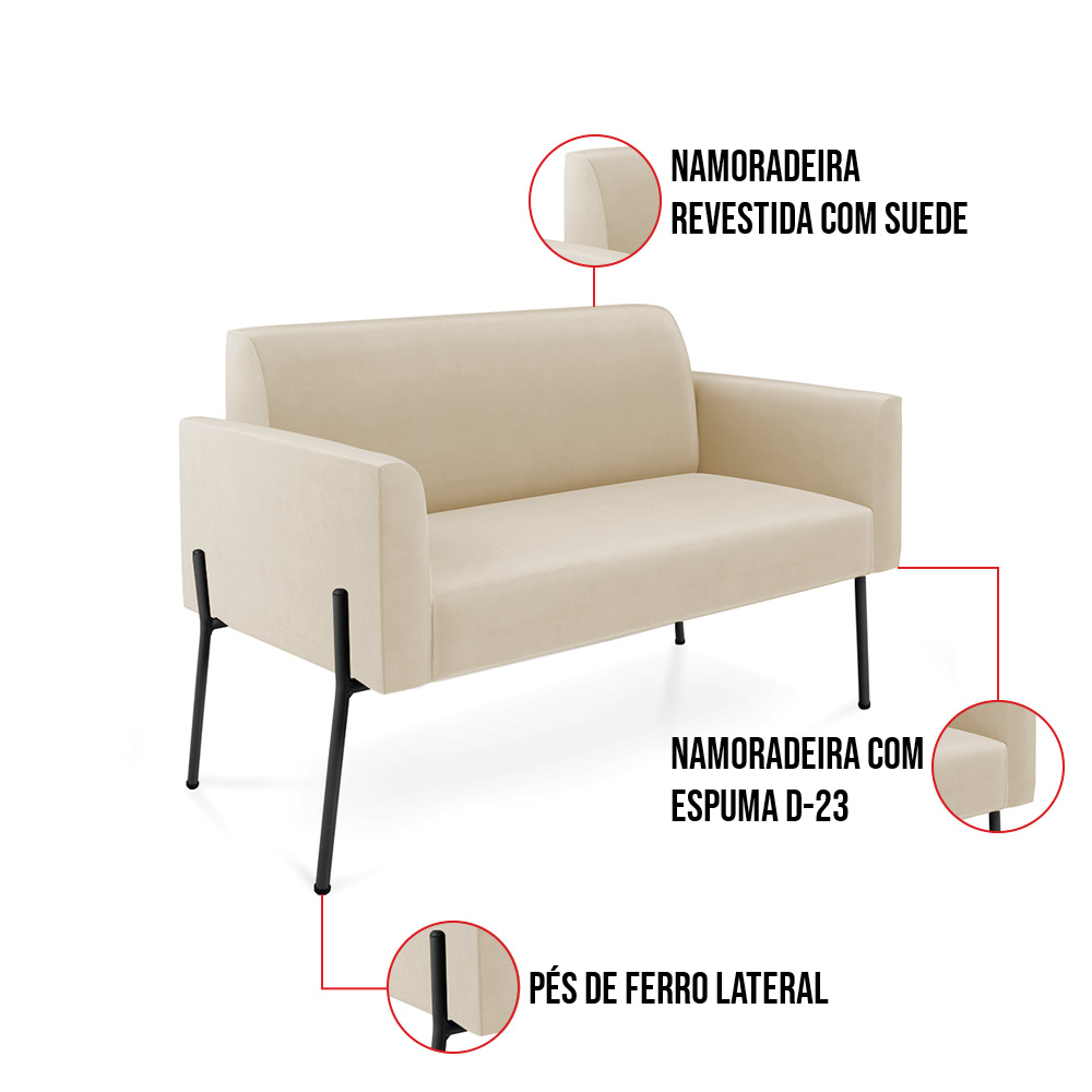 Sofá Namoradeira 2 Lugares Pé de Ferro Preto Marisa Suede Bege D03 - D'Rossi