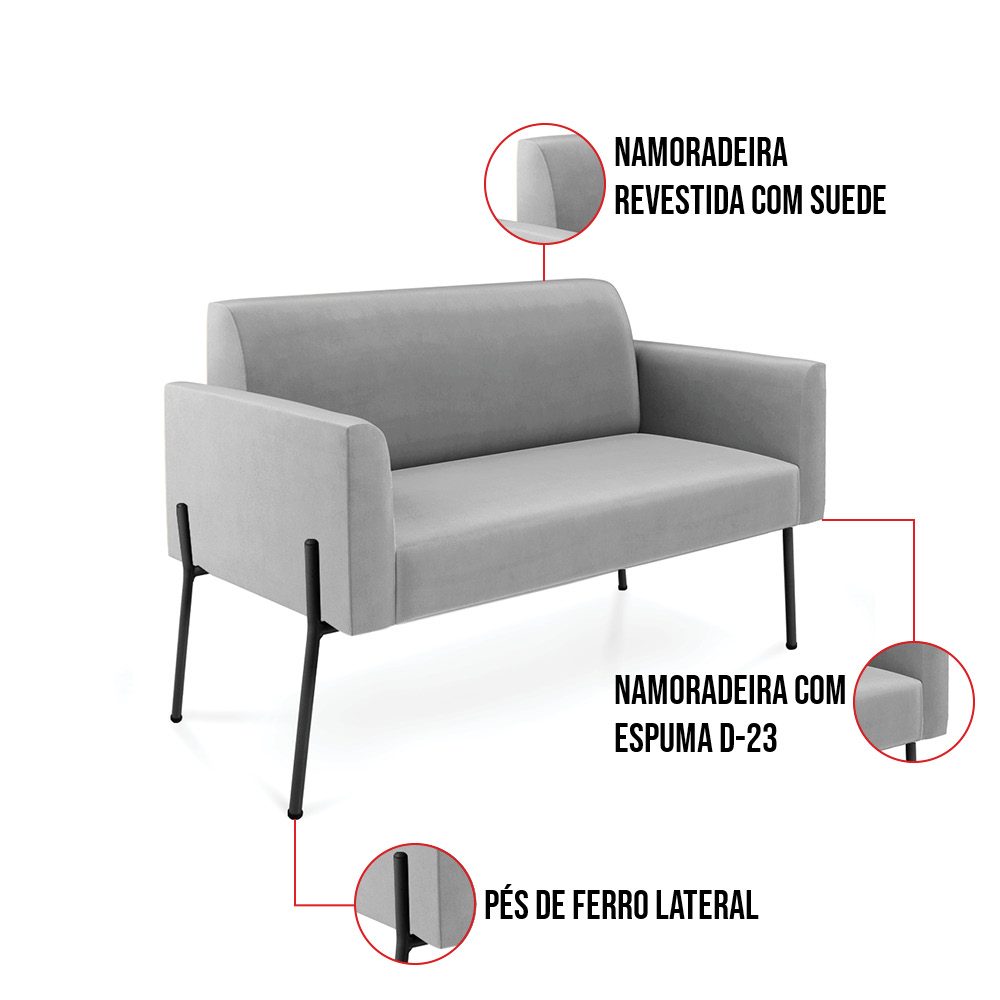 Sofá Namoradeira 2 Lugares Pé de Ferro Preto Marisa Suede Cinza D03 - D'Rossi