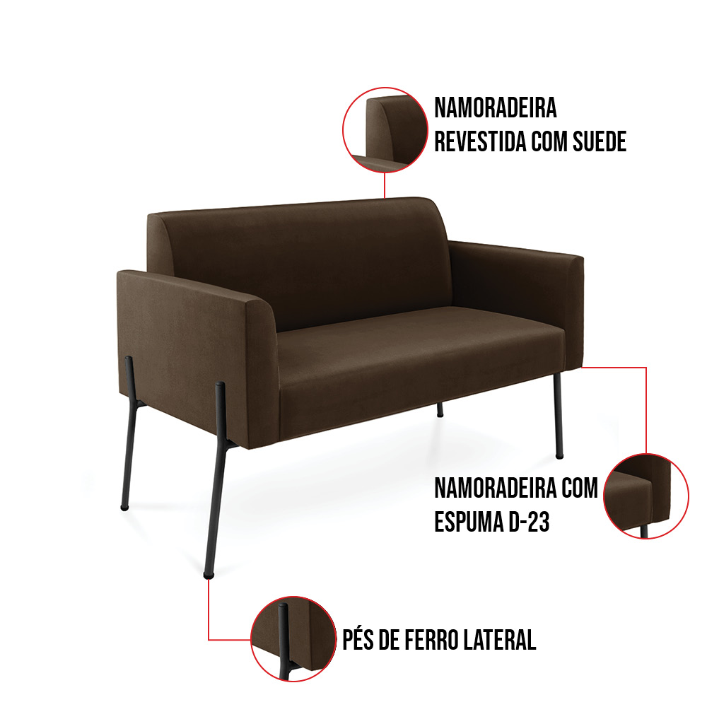 Sofá Namoradeira 2 Lugares Pé de Ferro Preto Marisa Suede Marrom D03 - D'Rossi