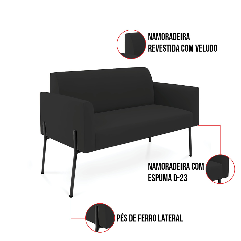 Sofá Namoradeira 2 Lugares Pé de Ferro Preto Marisa Veludo Preto D03 - D'Rossi