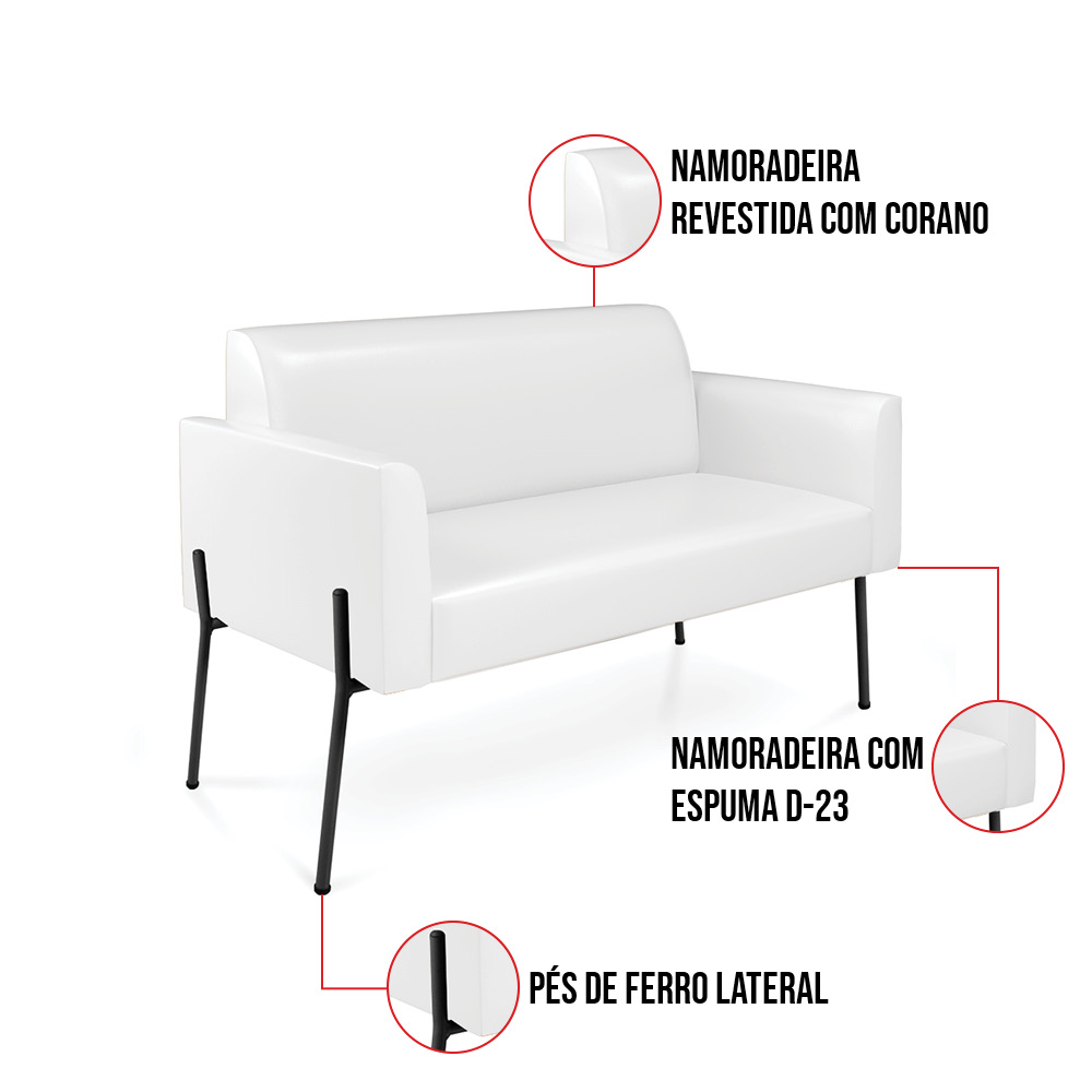 Sofá Namoradeira 2 Lugares Pé de Ferro Preto para Sala Marisa Corano Branco D03 - D'Rossi