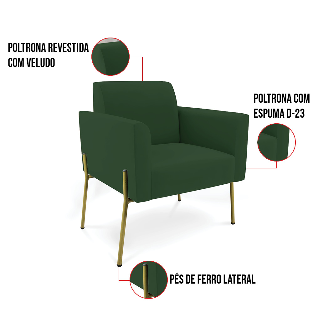 Sofá Namoradeira 2 Poltronas Pé de Ferro Dourado Marisa Veludo Verde D03 - D'Rossi