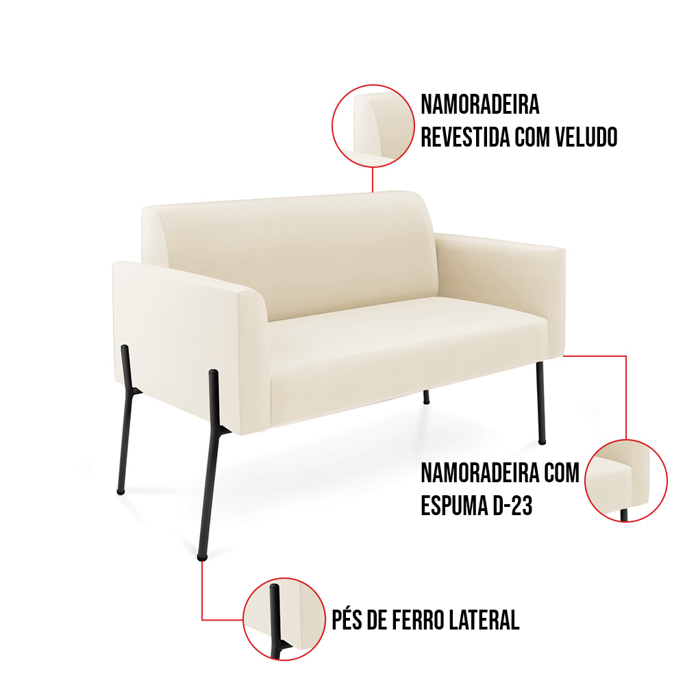 Sofá Namoradeira 2 Poltronas Pé de Ferro Preto Marisa Veludo Bege D03 - D'Rossi