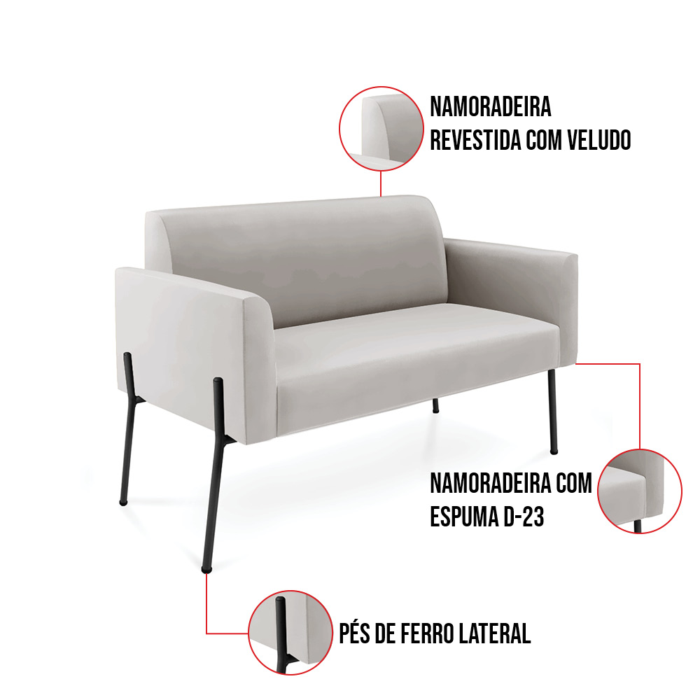 Sofá Namoradeira 2 Poltronas Pé de Ferro Preto Marisa Veludo Cinza D03 - D'Rossi