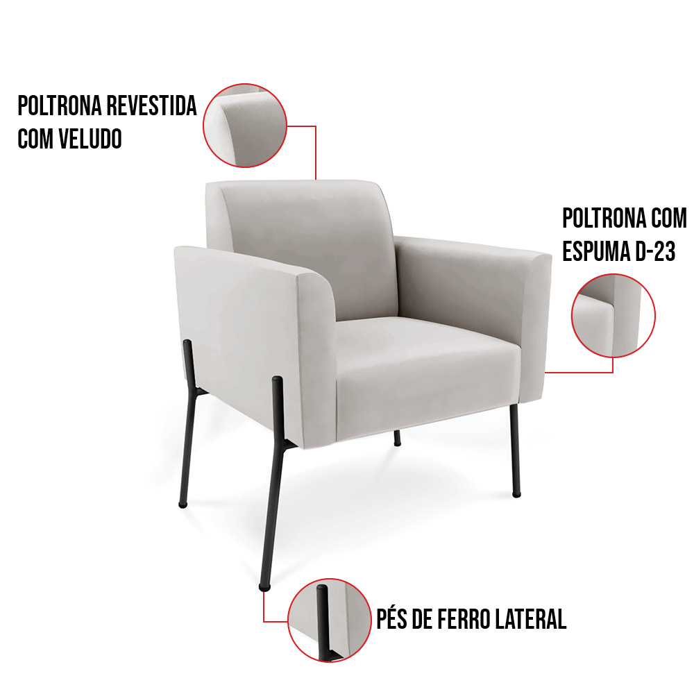 Sofá Namoradeira 2 Poltronas Pé de Ferro Preto Marisa Veludo Cinza D03 - D'Rossi