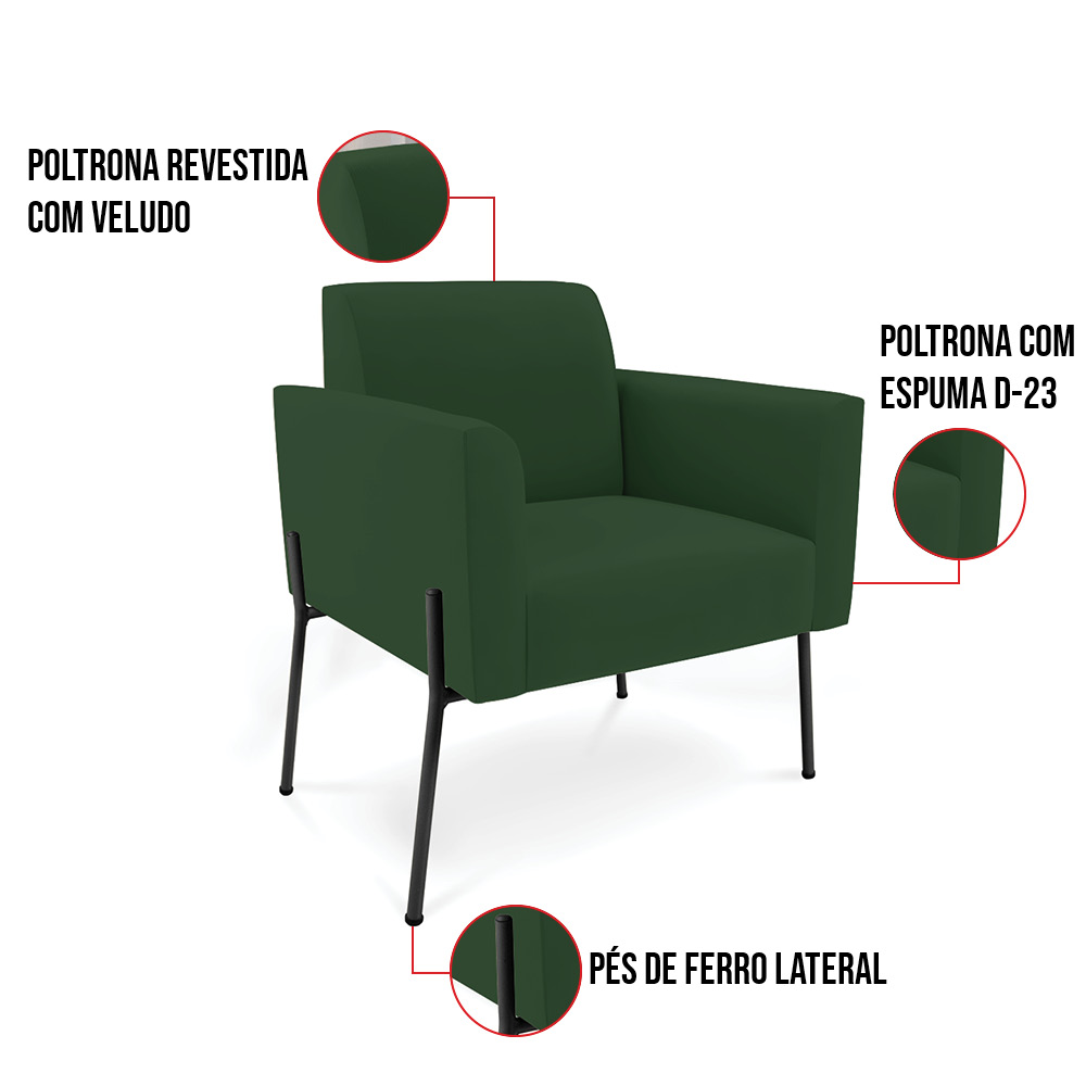 Sofá Namoradeira 2 Poltronas Pé de Ferro Preto Marisa Veludo Verde D03 - D'Rossi