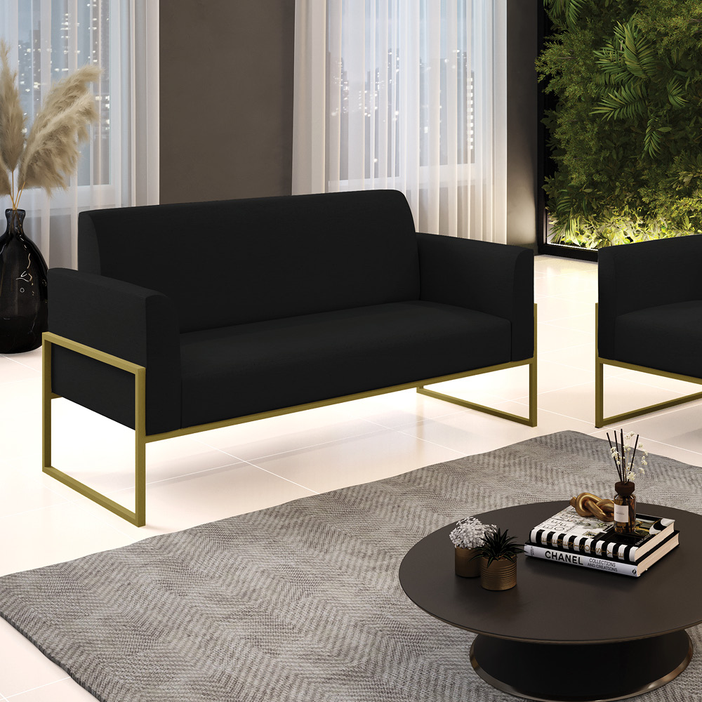 Sofá Namoradeira Base Industrial Alta Dourado Marisa Linho Preto A79 D03 - D'Rossi