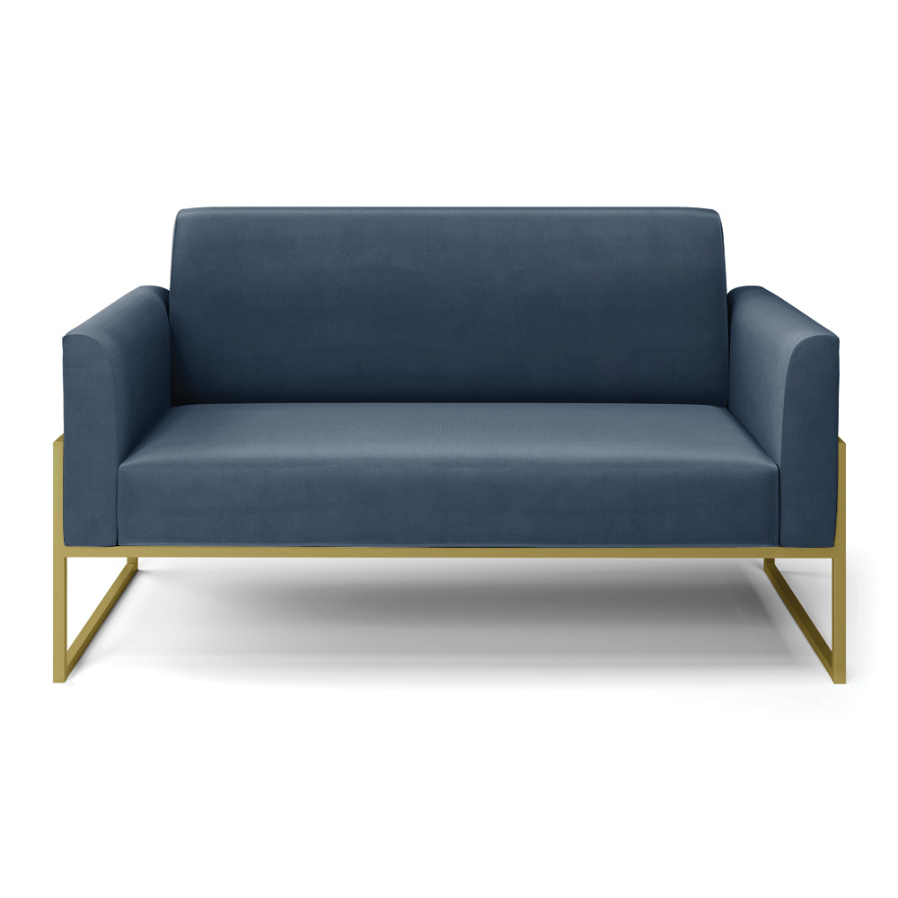 Sofá Namoradeira Base Industrial Alta Dourado Marisa Suede Azul Marinho D03 - D'Rossi