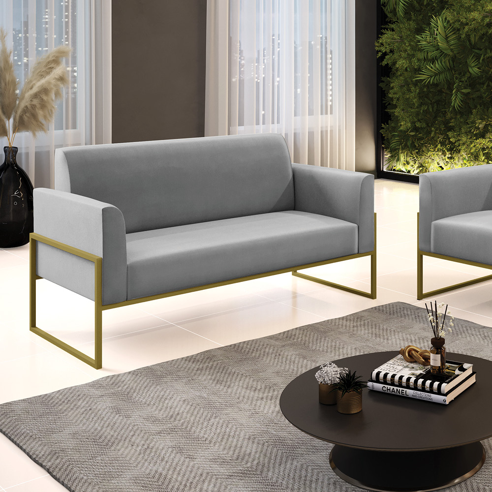 Sofá Namoradeira Base Industrial Alta Dourado Marisa Suede Cinza D03 - D'Rossi