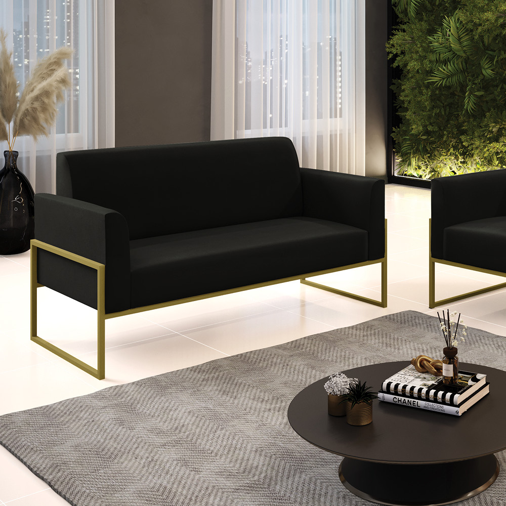 Sofá Namoradeira Base Industrial Alta Dourado Marisa Suede Preto D03 - D'Rossi