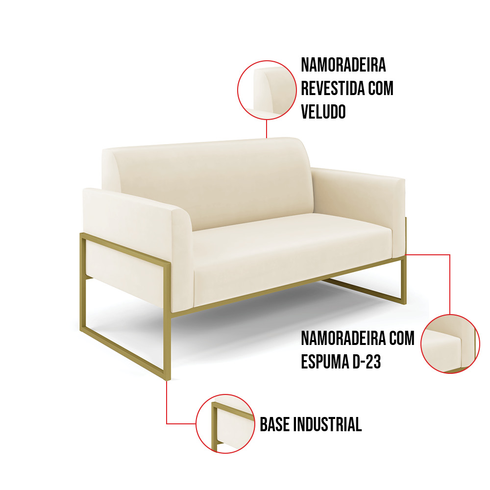 Sofá Namoradeira Base Industrial Alta Dourado Marisa Veludo Bege D03 - D'Rossi