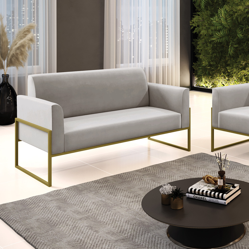 Sofá Namoradeira Base Industrial Alta Dourado Marisa Veludo Cinza D03 - D'Rossi