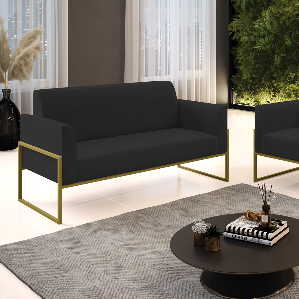 Sofá Namoradeira Base Industrial Alta Dourado Marisa Veludo Preto D03 - D'Rossi