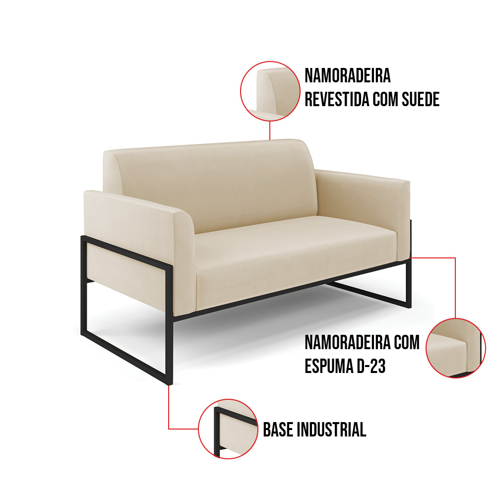 Sofá Namoradeira Base Industrial Alta Preto Marisa Suede Bege D03 - D'Rossi