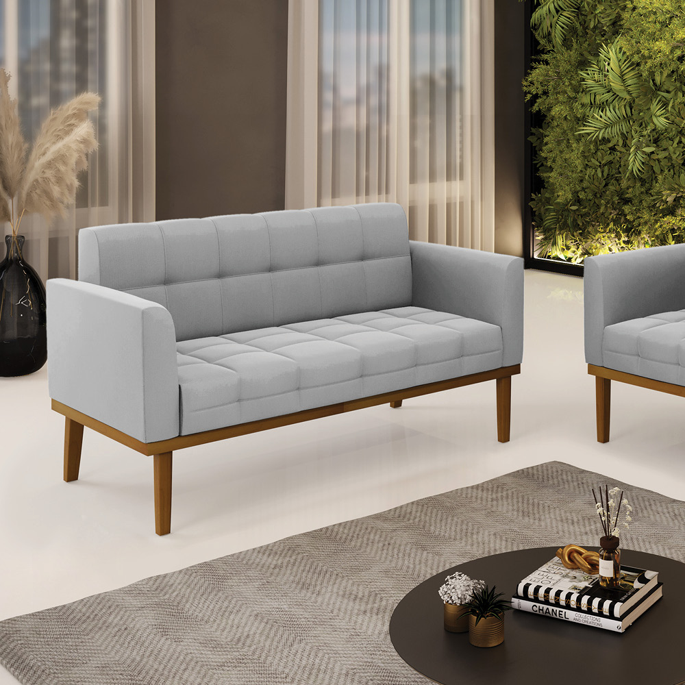 Sofá Namoradeira Base de Madeira Castanho Elisa Suede Cinza D03 - D?Rossi