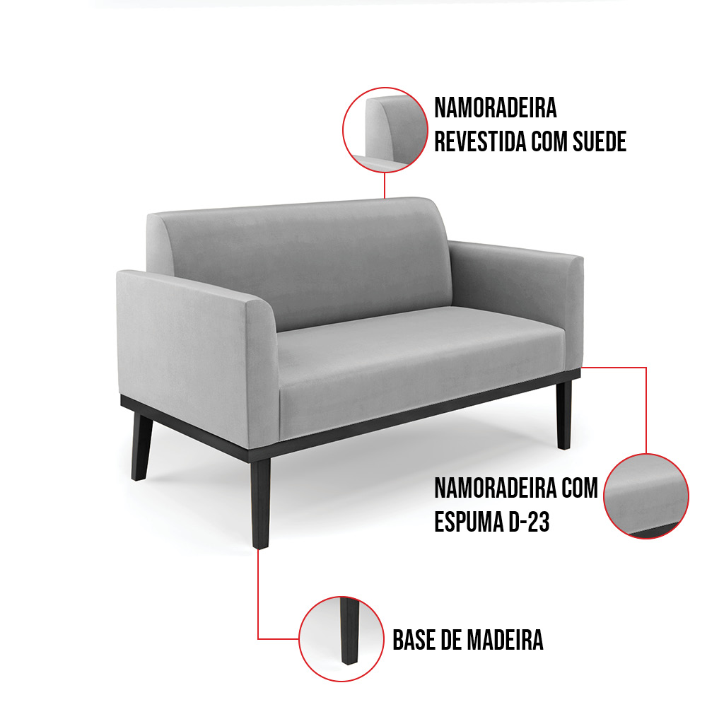 Sofá Namoradeira Base de Madeira Fixa Preto Marisa Suede Cinza  D03 - D'Rossi