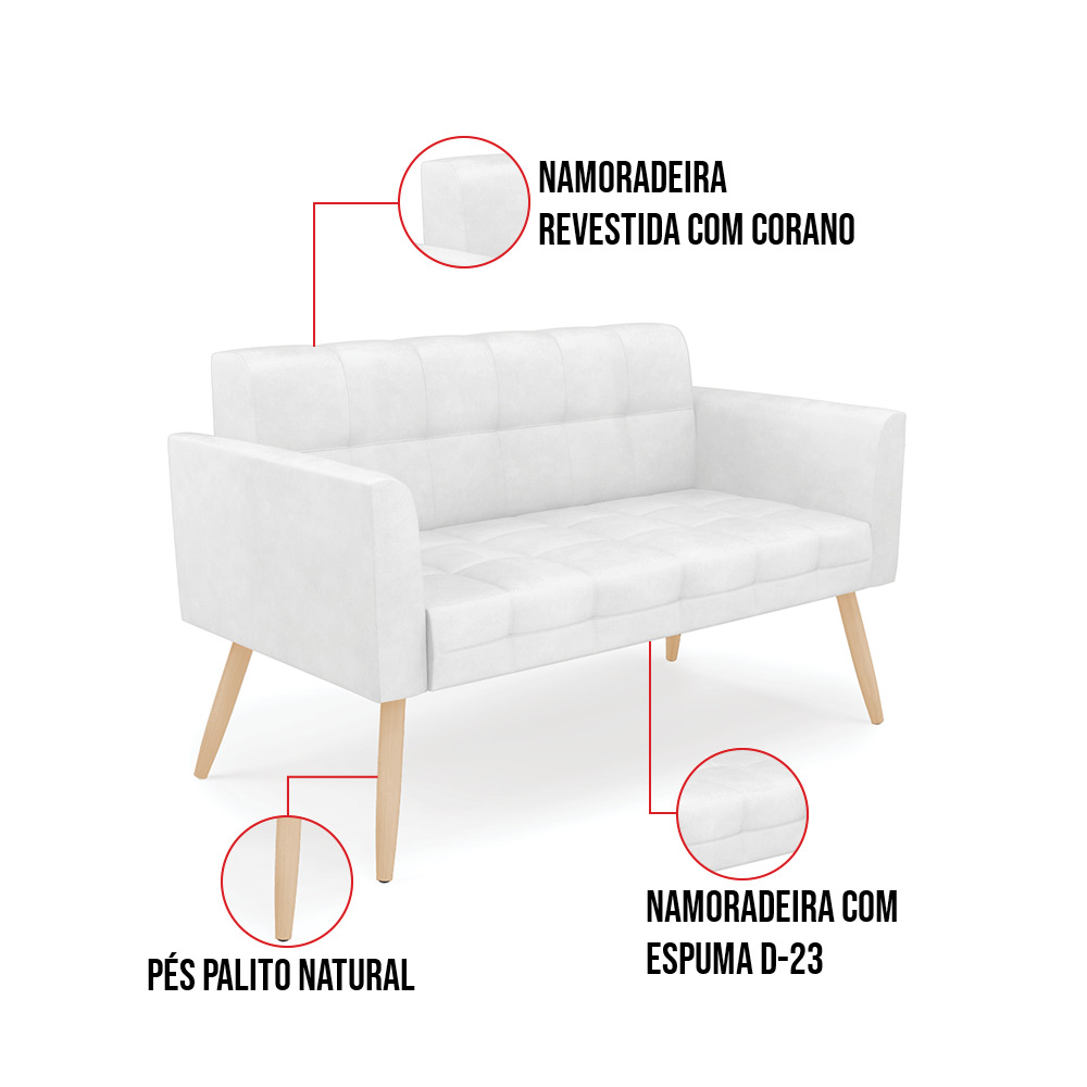 Sofá Namoradeira Elisa Corano Branco Pés Palito Natural - D'Rossi