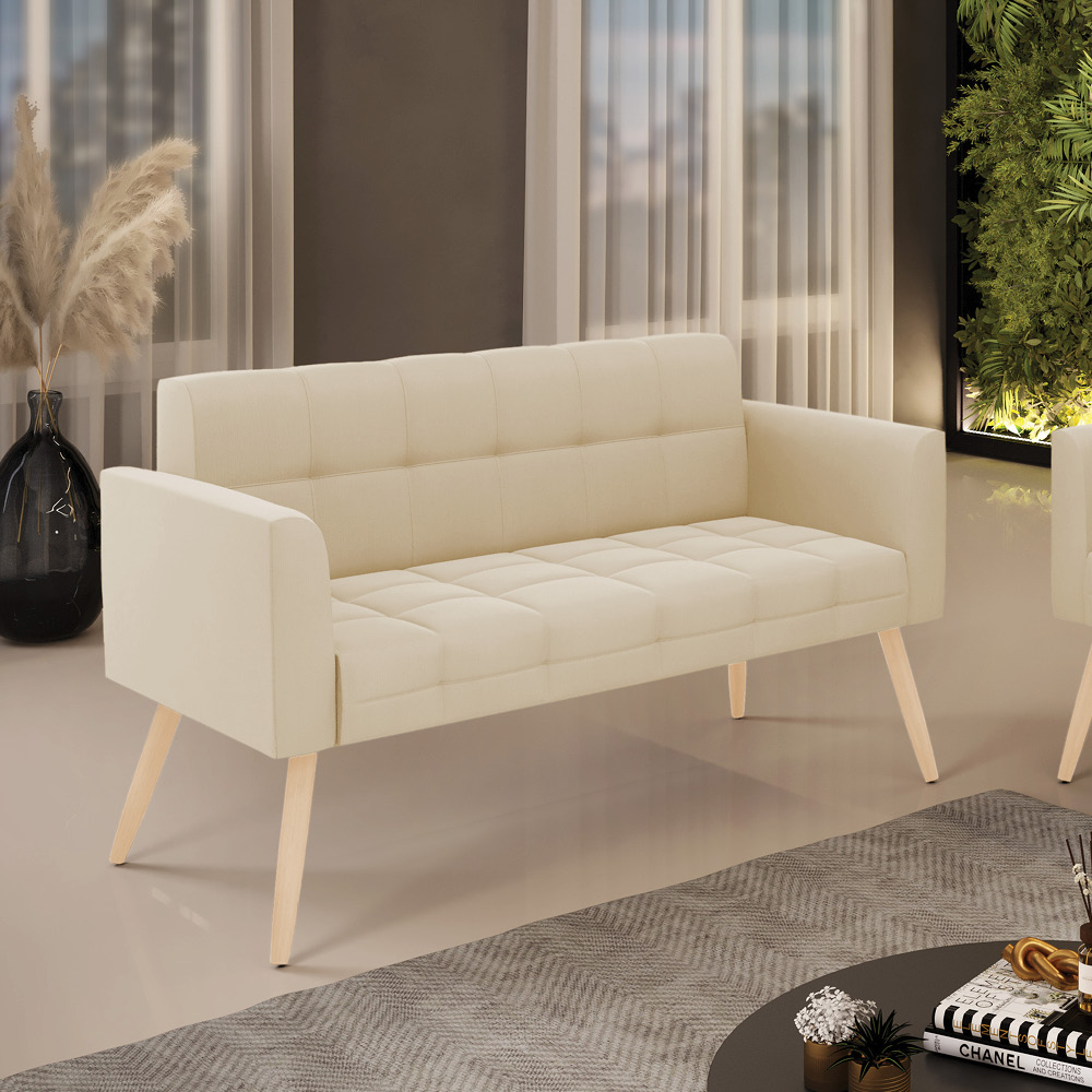 Sofá Namoradeira Elisa Suede Bege Pés Palito Natural - D'Rossi