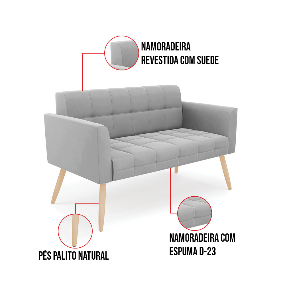 Sofá Namoradeira Elisa Suede Cinza Pés Palito Natural - D'Rossi