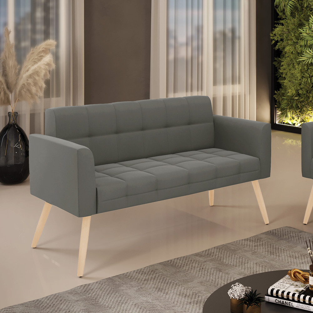 Sofá Namoradeira Elisa Suede Grafite Pés Palito Natural - D'Rossi