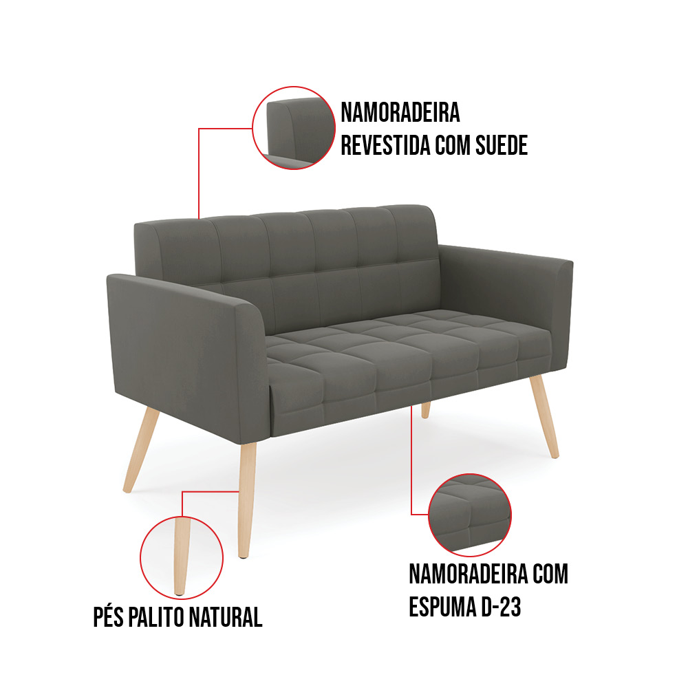 Sofá Namoradeira Elisa Suede Grafite Pés Palito Natural - D'Rossi
