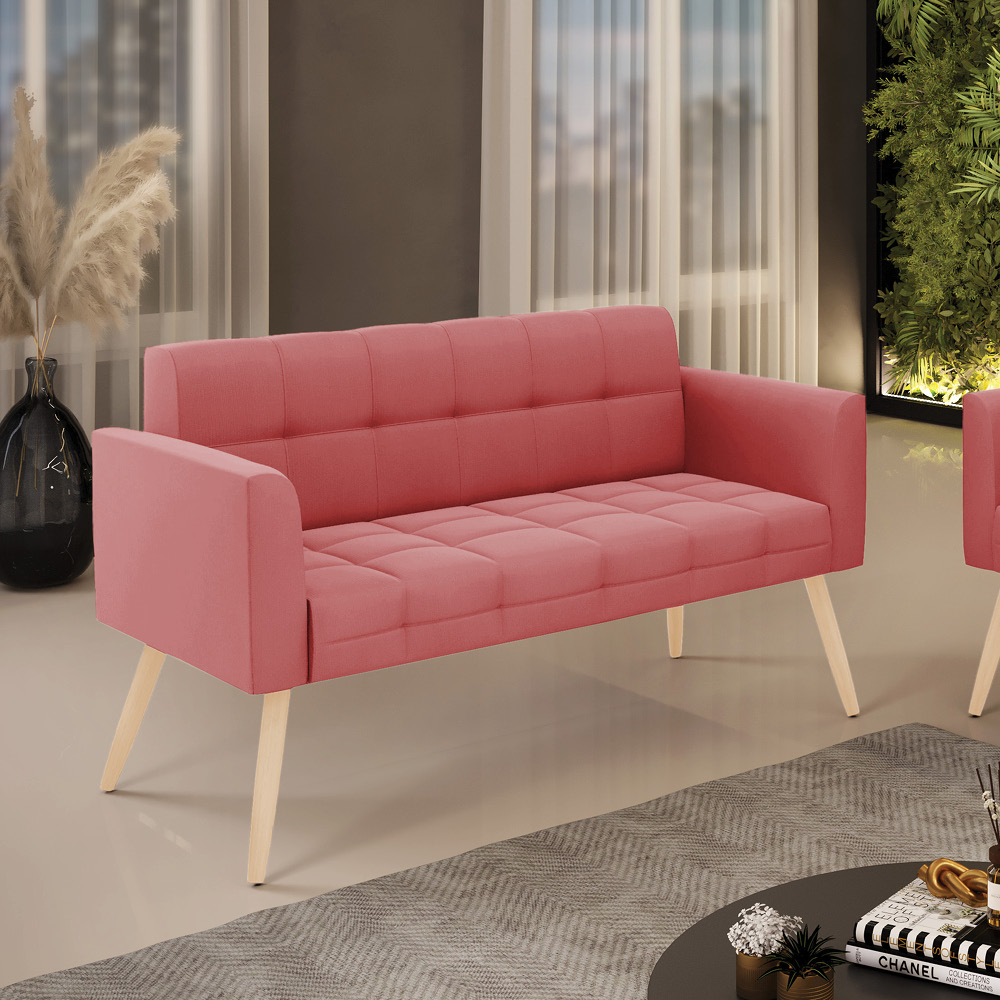 Sofá Namoradeira Elisa Suede Rosê Pés Palito Natural - D'Rossi