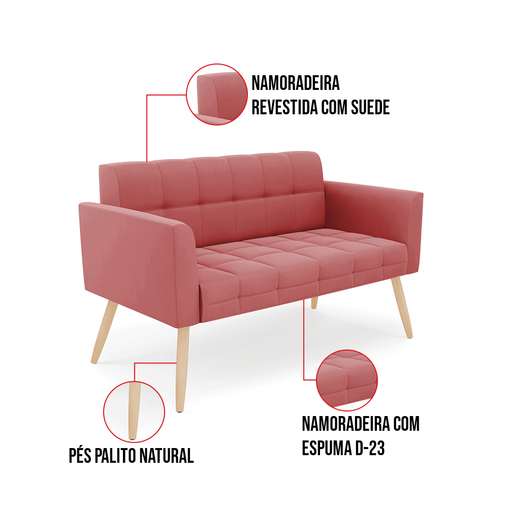 Sofá Namoradeira Elisa Suede Rosê Pés Palito Natural - D'Rossi