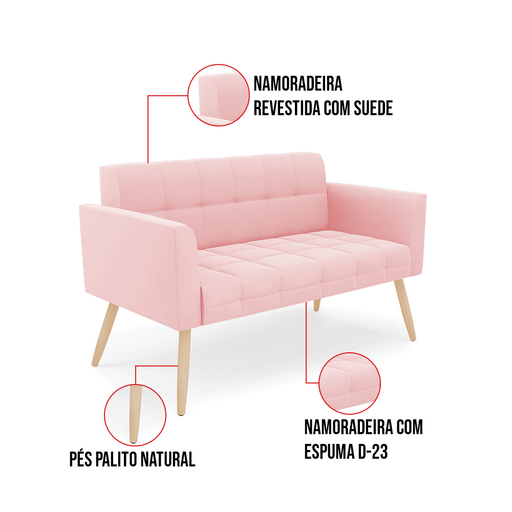 Sofá Namoradeira Elisa Suede Rosa Bebê Pés Palito Natural - D'Rossi