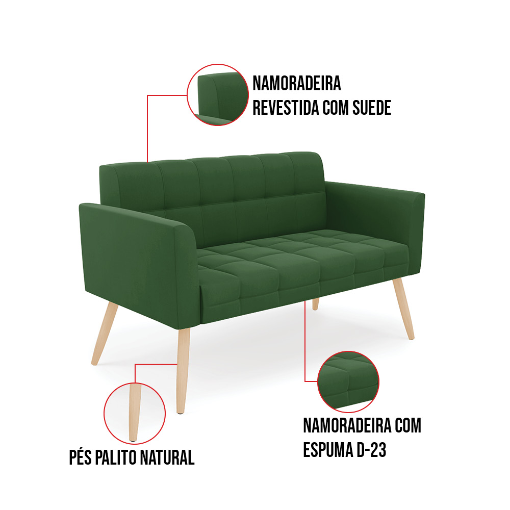 Sofá Namoradeira Elisa Suede Verde Pés Palito Natural  - D'Rossi