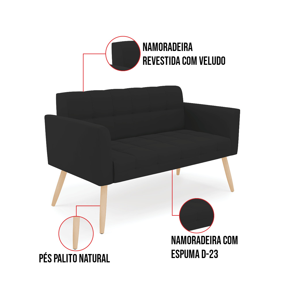 Sofá Namoradeira Elisa Veludo Preto Pés Palito Natural - D'Rossi