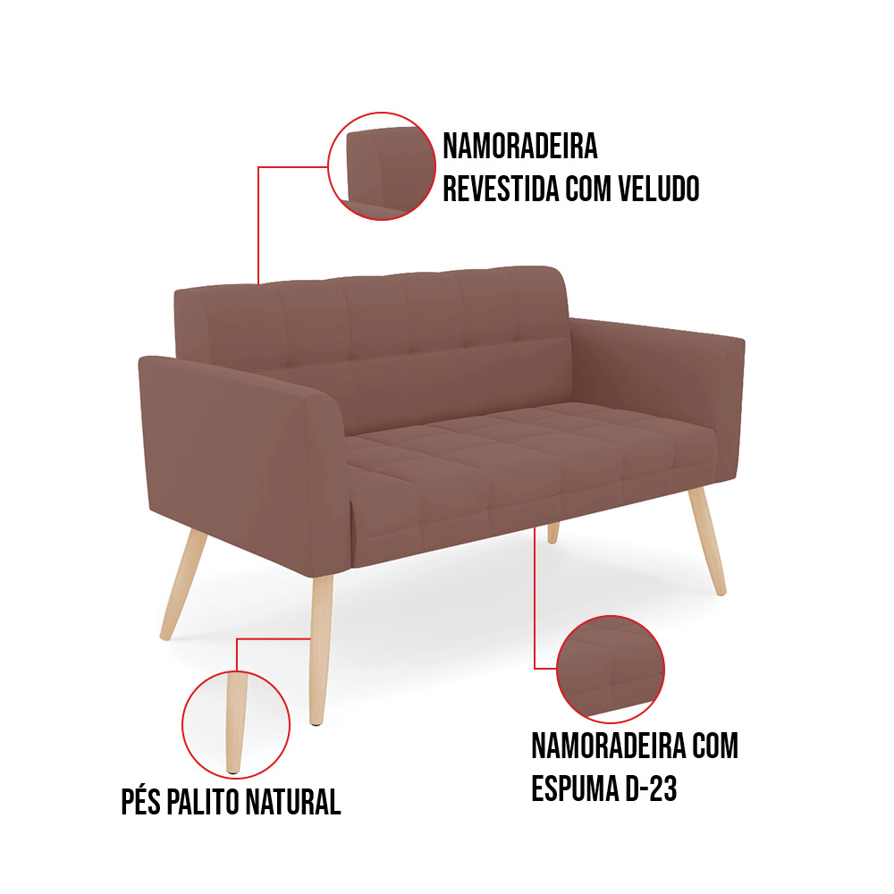 Sofá Namoradeira Elisa Veludo Rosê Pés Palito Natural - D'Rossi