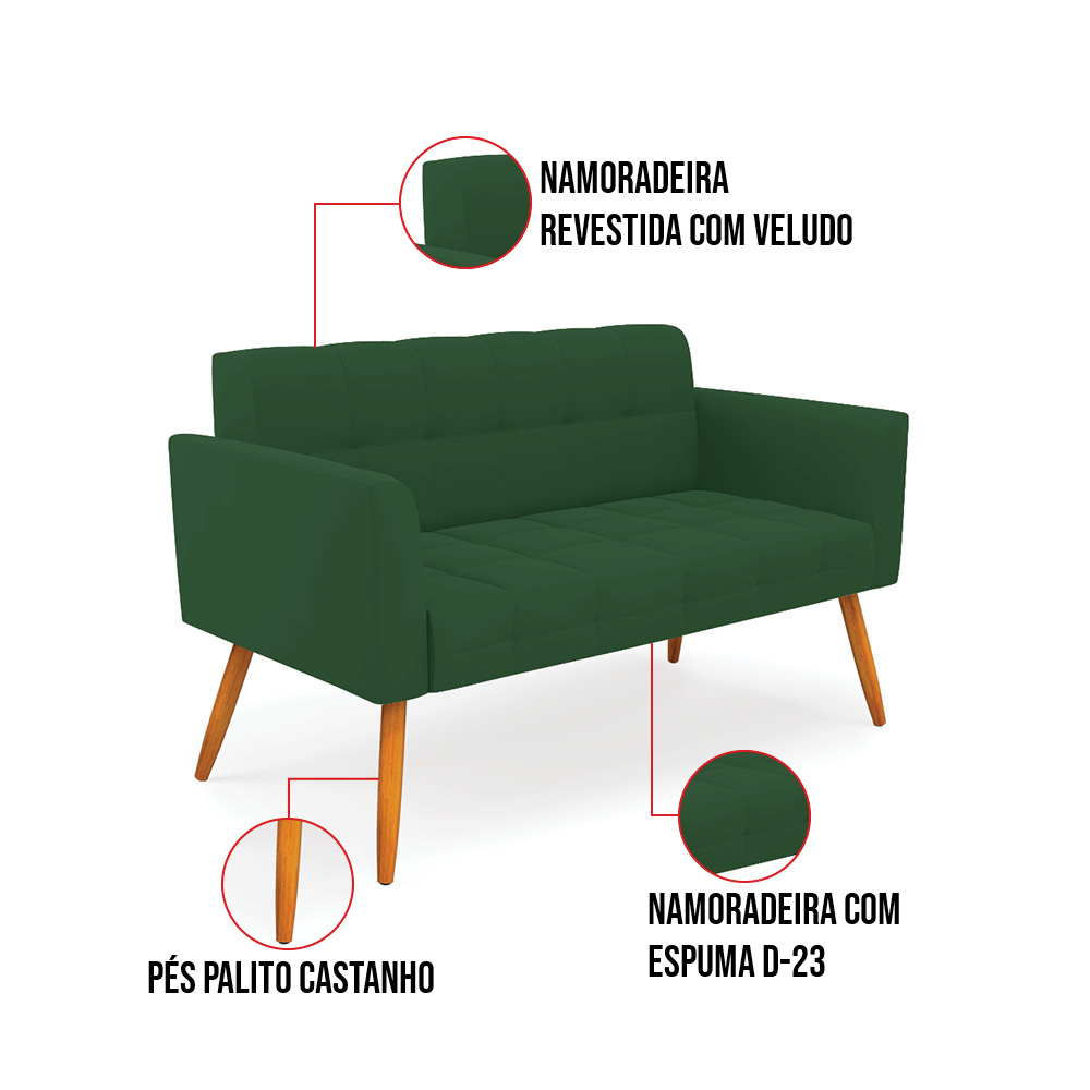 Sofá Namoradeira Elisa Veludo Verde Pés Palito Castanho - D'Rossi