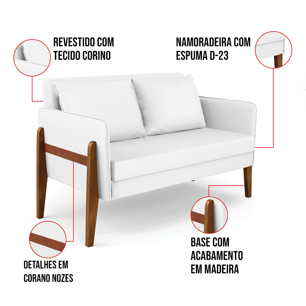 Sofá Namoradeira Lana Corino Branco Base de Madeira - D'Rossi