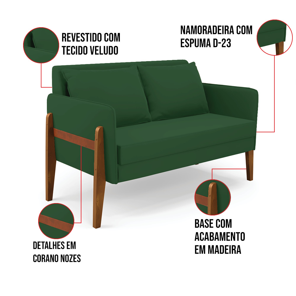Sofá Namoradeira Lana Veludo Verde Base de Madeira - D'Rossi