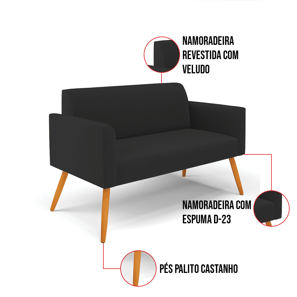 Sofá Namoradeira Pés Palito Castanho Marisa Veludo Preto D03 - D'Rossi