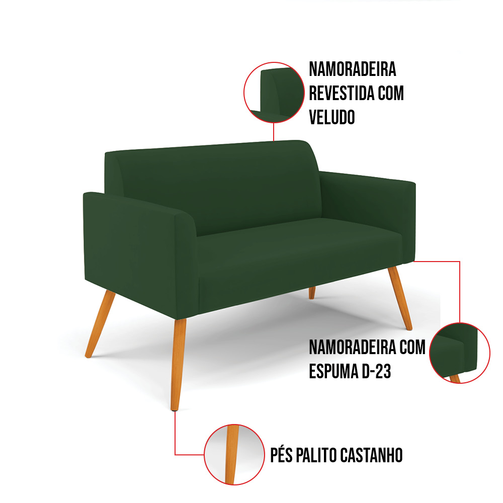 Sofá Namoradeira Pés Palito Castanho Marisa Veludo Verde D03 - D'Rossi