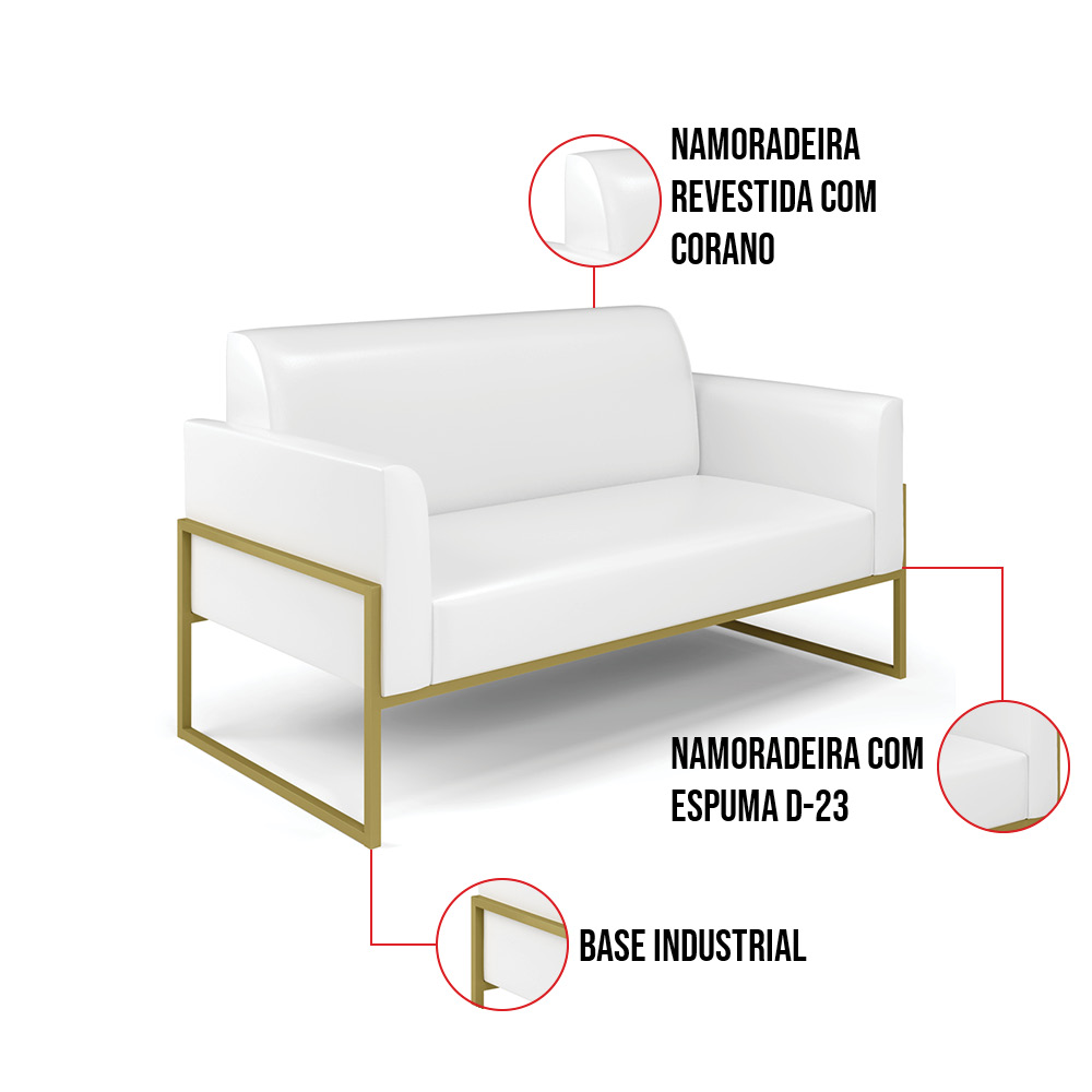 Sofá Namoradeira com 2 Poltronas Base Industrial Alta Dourado Marisa Corano Branco D03 - D'Rossi