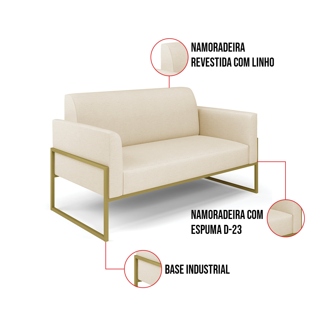 Sofá Namoradeira com 2 Poltronas Base Industrial Alta Dourado Marisa Linho Bege A19 D03 - D'Rossi