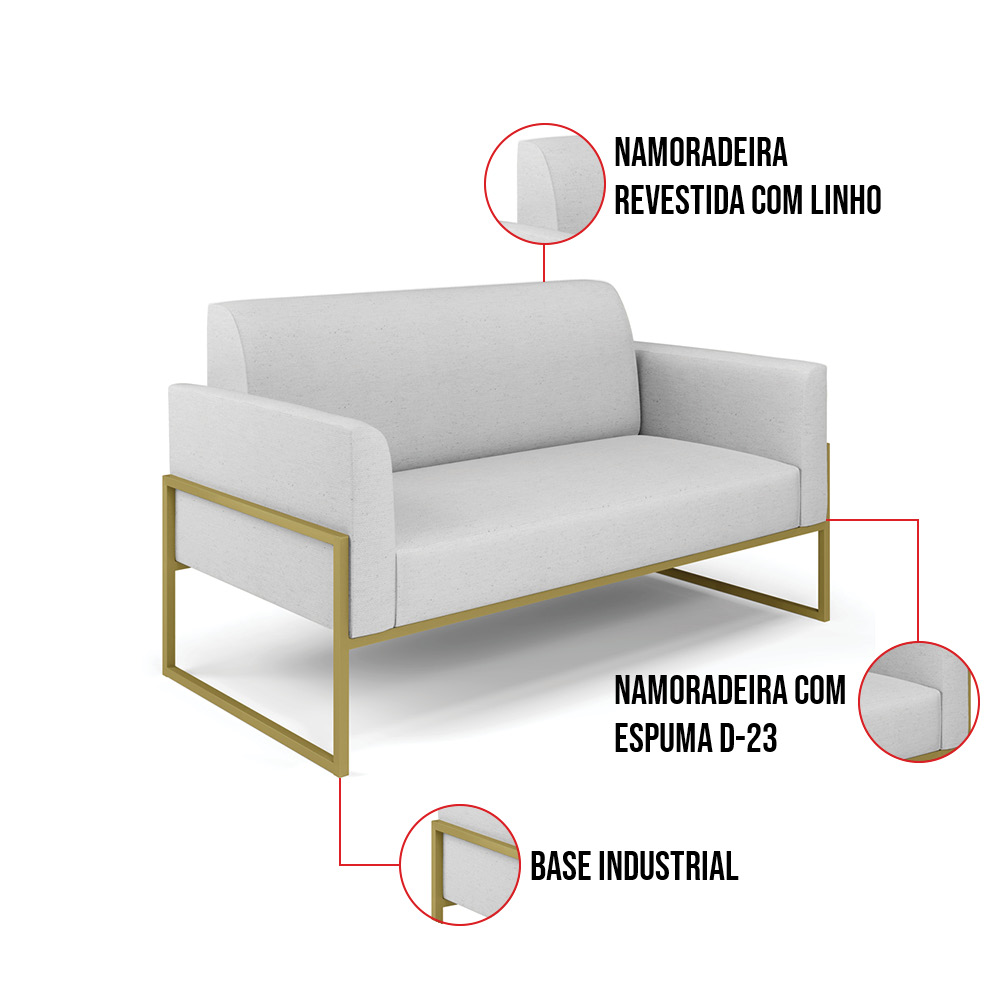Sofá Namoradeira com 2 Poltronas Base Industrial Alta Dourado Marisa Linho Cinza A05 D03 - D'Rossi