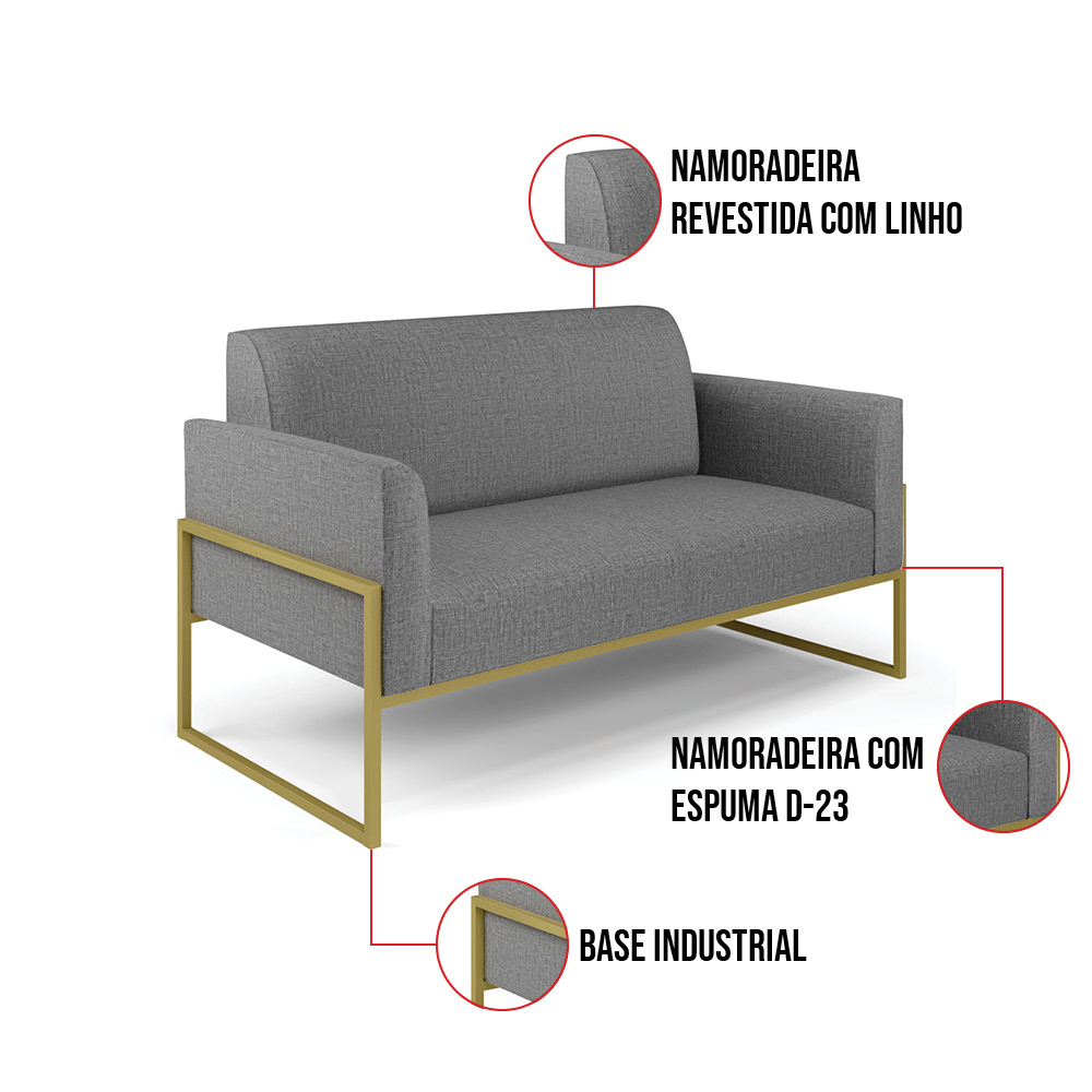 Sofá Namoradeira com 2 Poltronas Base Industrial Alta Dourado Marisa Linho Grafite A26 D03 - D'Rossi