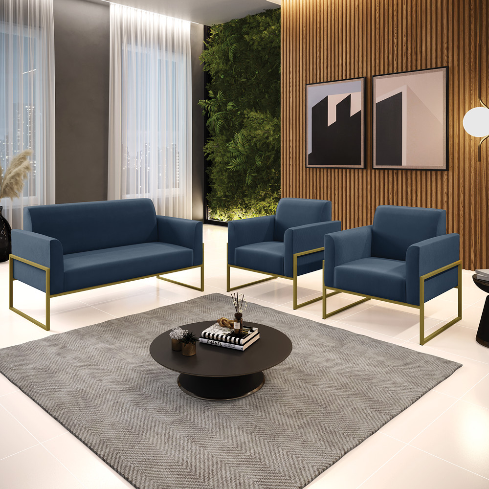 Sofá Namoradeira com 2 Poltronas Base Industrial Alta Dourado Marisa Suede Azul Marinho D03 - D'Rossi
