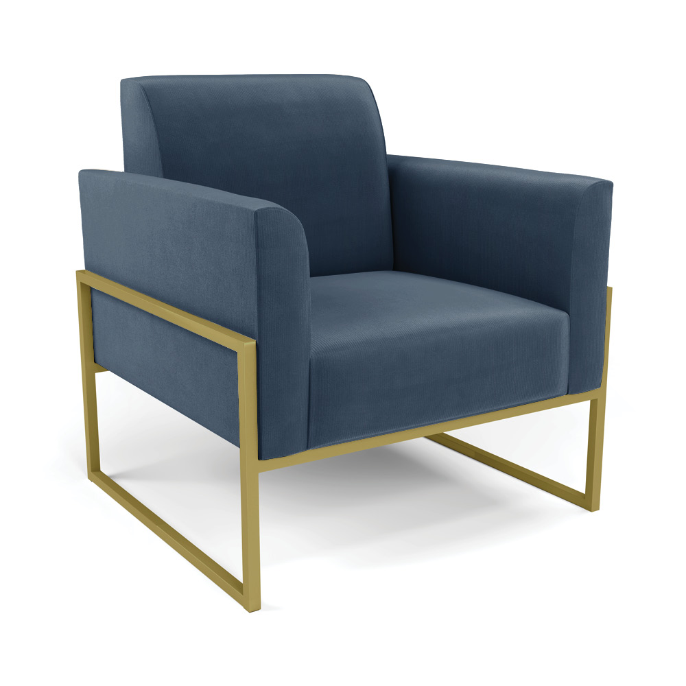 Sofá Namoradeira com 2 Poltronas Base Industrial Alta Dourado Marisa Suede Azul Marinho D03 - D'Rossi