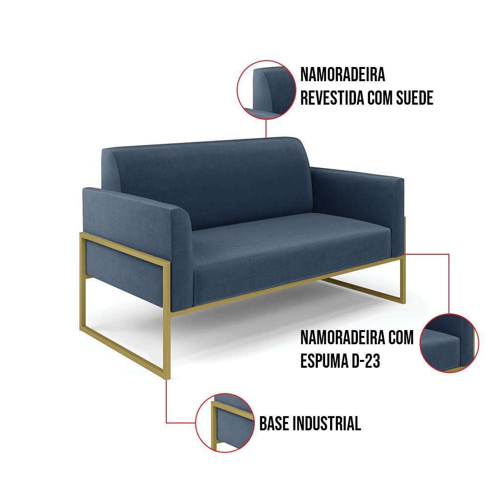 Sofá Namoradeira com 2 Poltronas Base Industrial Alta Dourado Marisa Suede Azul Marinho D03 - D'Rossi