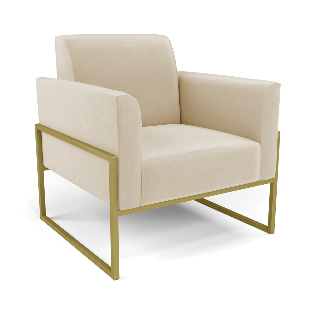 Sofá Namoradeira com 2 Poltronas Base Industrial Alta Dourado Marisa Suede Bege D03 - D'Rossi
