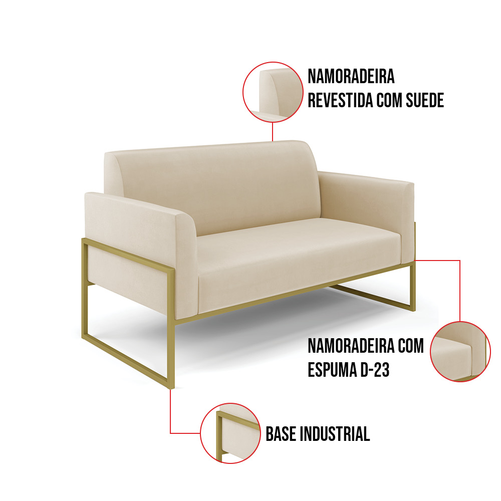 Sofá Namoradeira com 2 Poltronas Base Industrial Alta Dourado Marisa Suede Bege D03 - D'Rossi