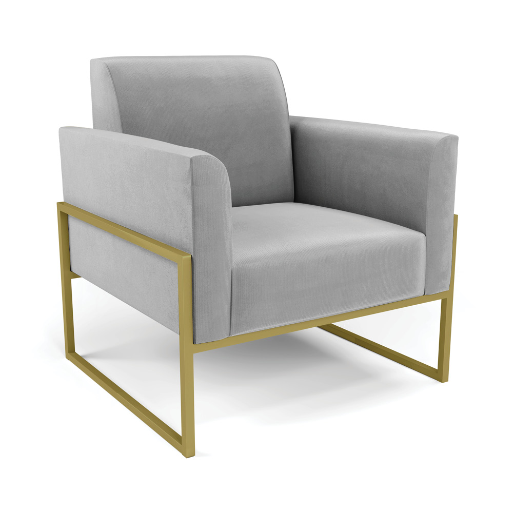 Sofá Namoradeira com 2 Poltronas Base Industrial Alta Dourado Marisa Suede Cinza D03 - D'Rossi