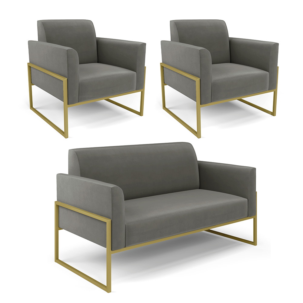 Sofá Namoradeira com 2 Poltronas Base Industrial Alta Dourado Marisa Suede Grafite D03 - D'Rossi