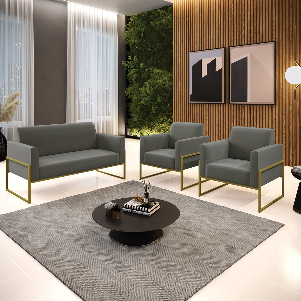 Sofá Namoradeira com 2 Poltronas Base Industrial Alta Dourado Marisa Suede Grafite D03 - D'Rossi