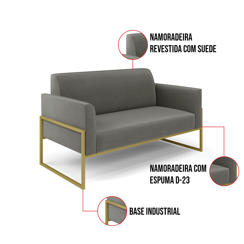 Sofá Namoradeira com 2 Poltronas Base Industrial Alta Dourado Marisa Suede Grafite D03 - D'Rossi