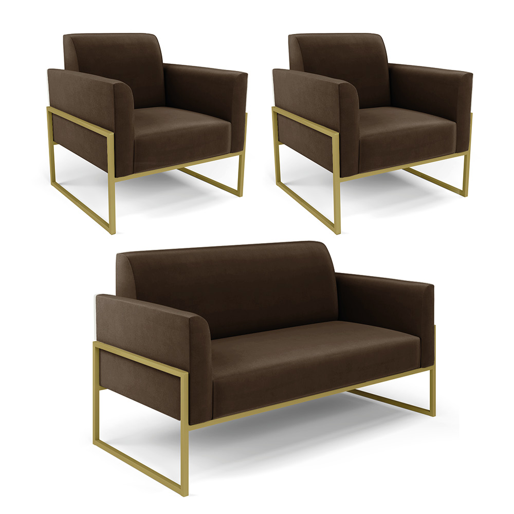 Sofá Namoradeira com 2 Poltronas Base Industrial Alta Dourado Marisa Suede Marrom D03 - D'Rossi